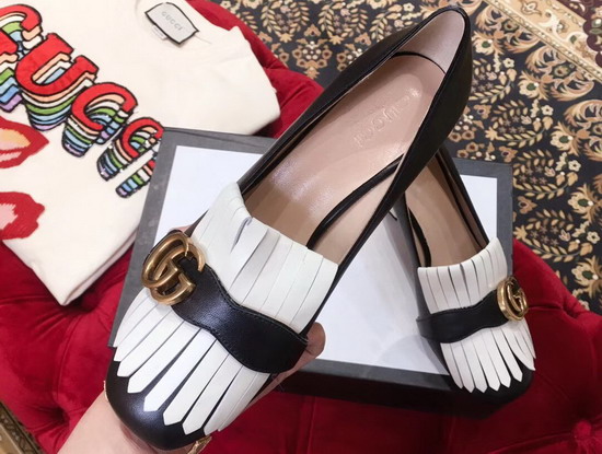 Gucci Leather Mid Heel Pump with Double G Hardware Detailed On Fold Over Fringe Black and White Leather 408208