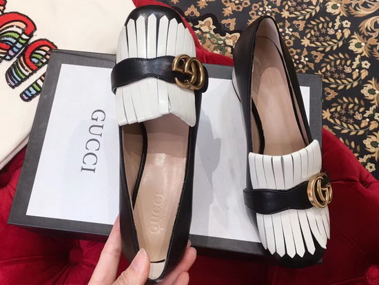 Gucci Leather Mid Heel Pump with Double G Hardware Detailed On Fold Over Fringe Black and White Leather 408208