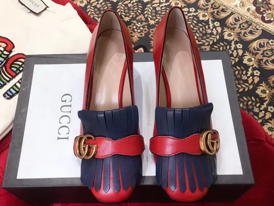 Gucci Leather Mid Heel Pump with Double G Hardware Detailed On Fold Over Fringe Hibiscus Red and Blue Leather 408208