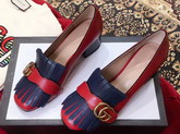 Gucci Leather Mid Heel Pump with Double G Hardware Detailed On Fold Over Fringe Hibiscus Red and Blue Leather 408208