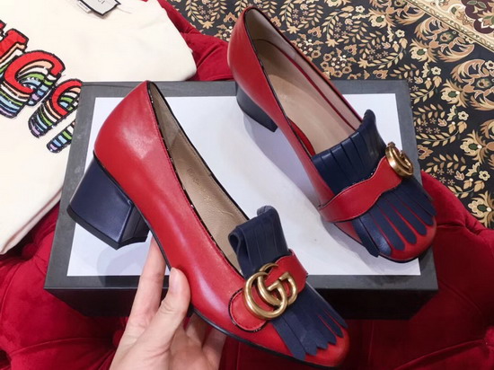 Gucci Leather Mid Heel Pump with Double G Hardware Detailed On Fold Over Fringe Hibiscus Red and Blue Leather 408208