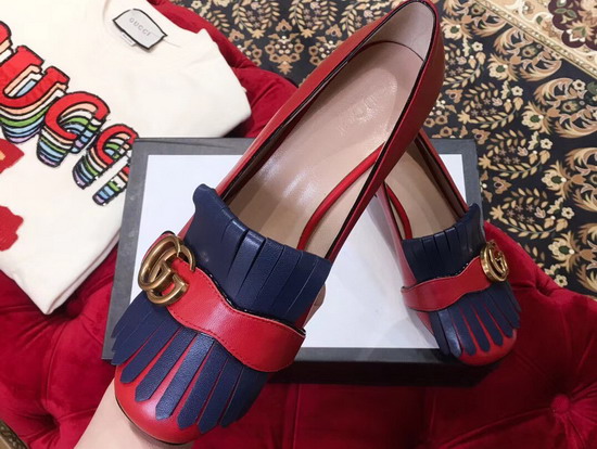 Gucci Leather Mid Heel Pump with Double G Hardware Detailed On Fold Over Fringe Hibiscus Red and Blue Leather 408208