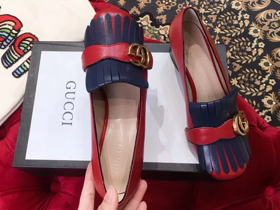 Gucci Leather Mid Heel Pump with Double G Hardware Detailed On Fold Over Fringe Hibiscus Red and Blue Leather 408208