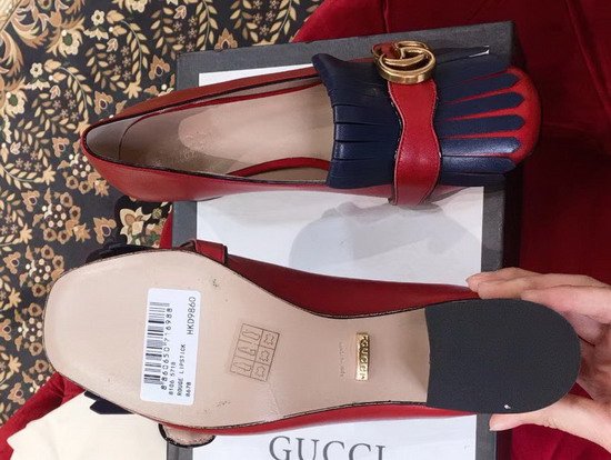 Gucci Leather Mid Heel Pump with Double G Hardware Detailed On Fold Over Fringe Hibiscus Red and Blue Leather 408208