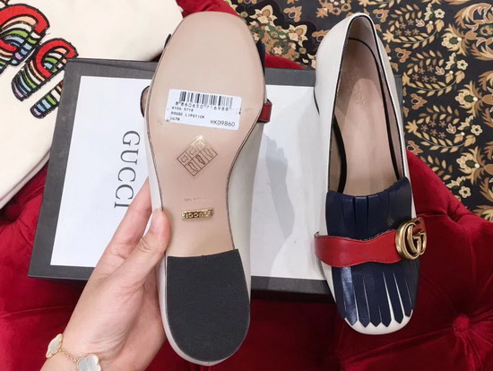 Gucci Leather Mid Heel Pump with Double G Hardware Detailed On Fold Over Fringe White and Blue 408208