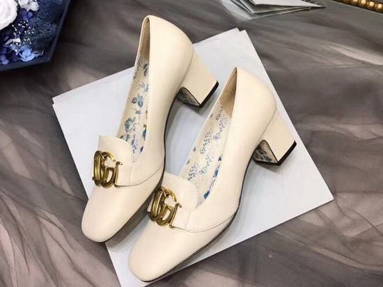 Gucci Leather Mid Heel Pump with Double G Vintage White Leather