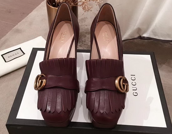 Gucci Leather Platform Pump with Fringe Bordeaux Leather 573020