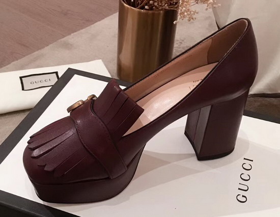 Gucci Leather Platform Pump with Fringe Bordeaux Leather 573020