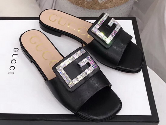 Gucci Leather Slide in Black with Crystal G