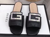 Gucci Leather Slide in Black with Crystal G