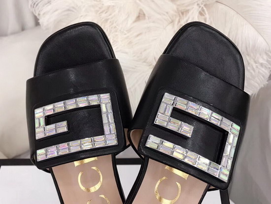 Gucci Leather Slide in Black with Crystal G