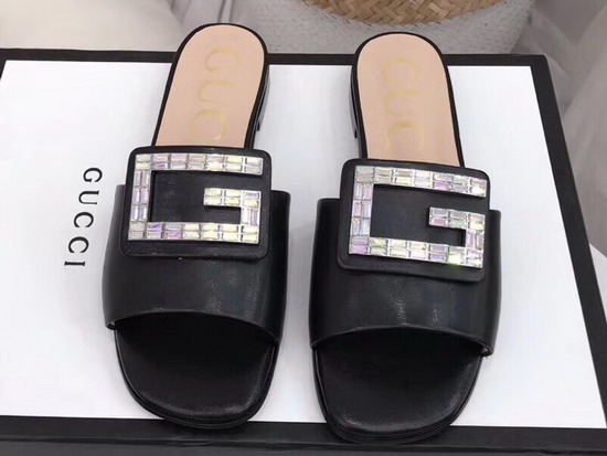 Gucci Leather Slide in Black with Crystal G