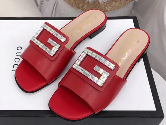 Gucci Leather Slide in Red with Crystal G