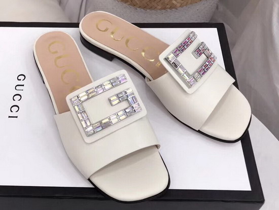 Gucci Leather Slide in White with Crystal G