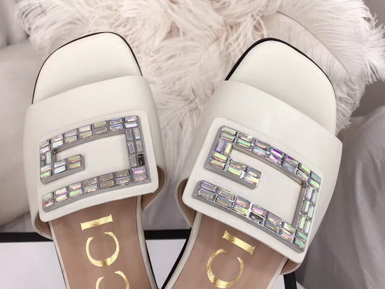 Gucci Leather Slide in White with Crystal G