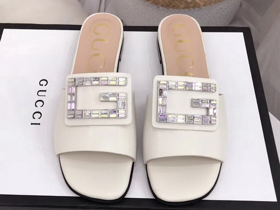 Gucci Leather Slide in White with Crystal G