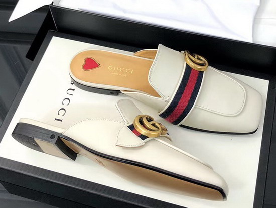 Gucci Leather Slipper White Leather with Blue and Red Web 423694