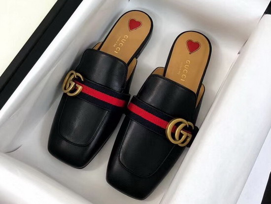 Gucci Leather Slipper in Black Leather with Blue and Red Web 423694