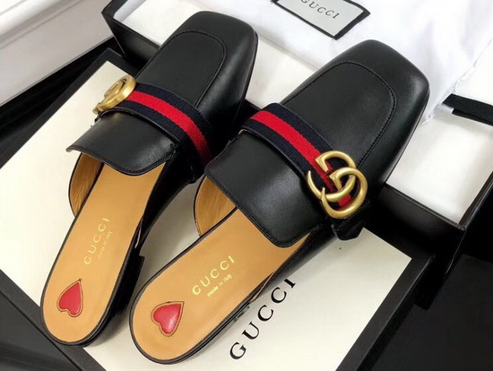 Gucci Leather Slipper in Black Leather with Blue and Red Web 423694