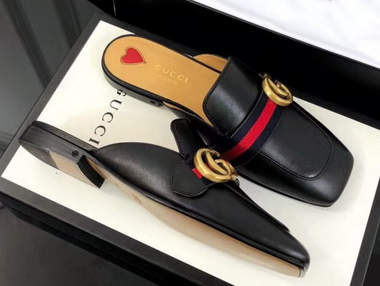 Gucci Leather Slipper in Black Leather with Blue and Red Web 423694