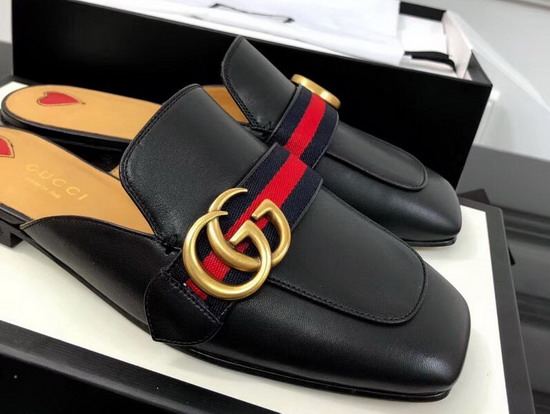 Gucci Leather Slipper in Black Leather with Blue and Red Web 423694