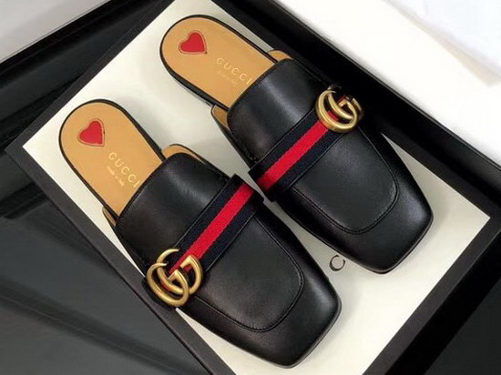 Gucci Leather Slipper in Black Leather with Blue and Red Web 423694