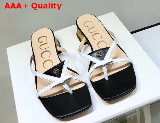 Gucci Leather Thong Sandal Black Leather with White Constrast Details 609442 Replica