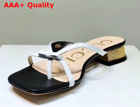 Gucci Leather Thong Sandal Black Leather with White Constrast Details 609442 Replica