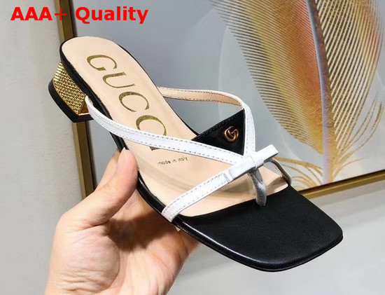 Gucci Leather Thong Sandal Black Leather with White Constrast Details 609442 Replica