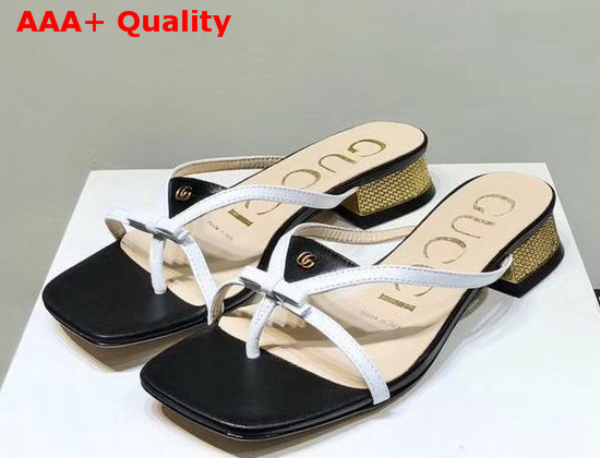 Gucci Leather Thong Sandal Black Leather with White Constrast Details 609442 Replica