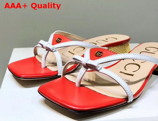 Gucci Leather Thong Sandal Red Leather with White Constrast Details 609442 Replica