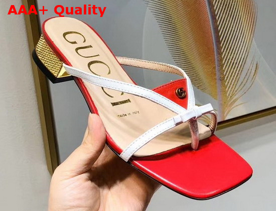 Gucci Leather Thong Sandal Red Leather with White Constrast Details 609442 Replica