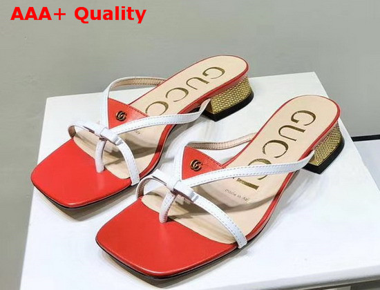 Gucci Leather Thong Sandal Red Leather with White Constrast Details 609442 Replica