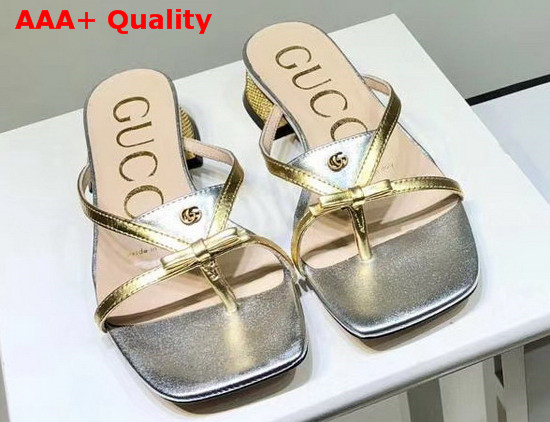 Gucci Leather Thong Sandal Silver Leather with Gold Constrast Details 609442 Replica