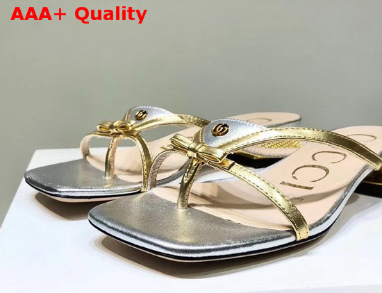 Gucci Leather Thong Sandal Silver Leather with Gold Constrast Details 609442 Replica