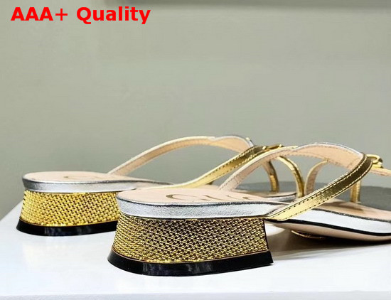 Gucci Leather Thong Sandal Silver Leather with Gold Constrast Details 609442 Replica