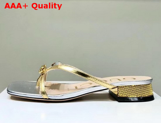 Gucci Leather Thong Sandal Silver Leather with Gold Constrast Details 609442 Replica