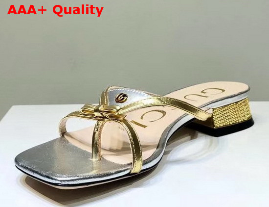 Gucci Leather Thong Sandal Silver Leather with Gold Constrast Details 609442 Replica