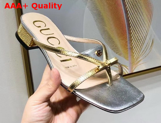 Gucci Leather Thong Sandal Silver Leather with Gold Constrast Details 609442 Replica