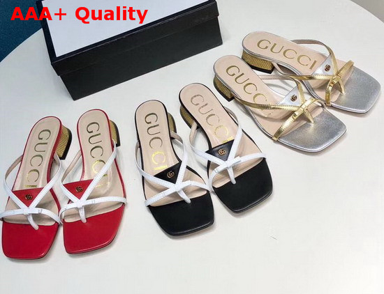 Gucci Leather Thong Sandal Silver Leather with Gold Constrast Details 609442 Replica