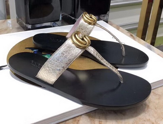 Gucci Leather Thong Sandal with Double G Light Gold Leather