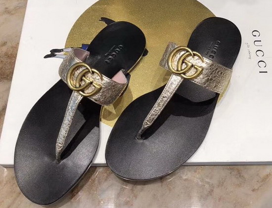 Gucci Leather Thong Sandal with Double G Light Gold Leather