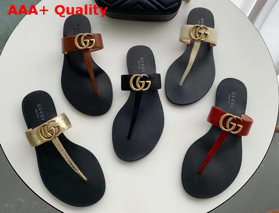 Gucci Leather Thong Sandal with Double G Metallic Gold Leather 497444 Replica