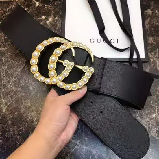 Gucci Leather Waist Belt with Crystal Double G Buckle Black Leather 550110