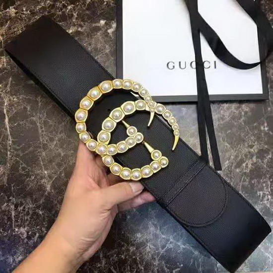 Gucci Leather Waist Belt with Crystal Double G Buckle Black Leather 550110