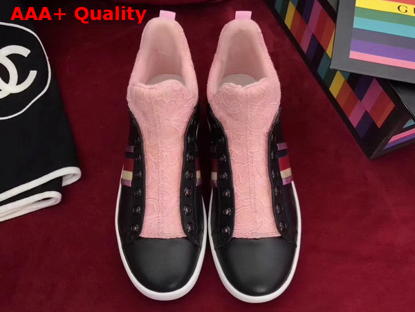 Gucci Leather and Lace High Top Sneaker Black Leather and Pink Lace Replica