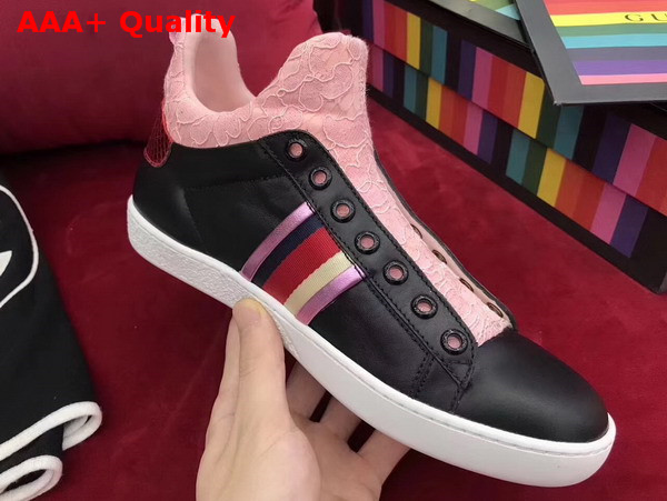 Gucci Leather and Lace High Top Sneaker Black Leather and Pink Lace Replica