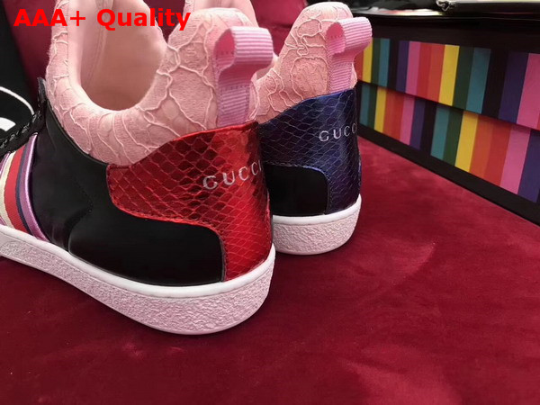 Gucci Leather and Lace High Top Sneaker Black Leather and Pink Lace Replica