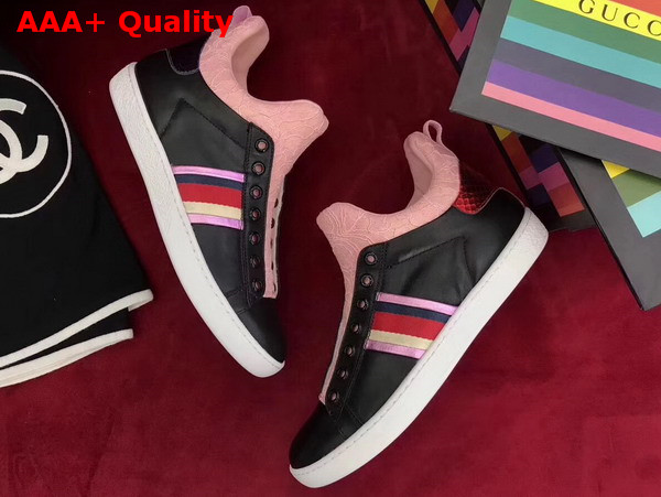 Gucci Leather and Lace High Top Sneaker Black Leather and Pink Lace Replica