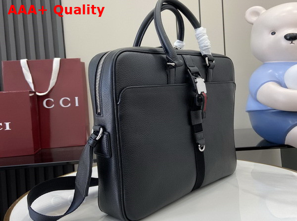 Gucci Medium Briefcase with Web Black Soft Grainy Leather 816757 Replica